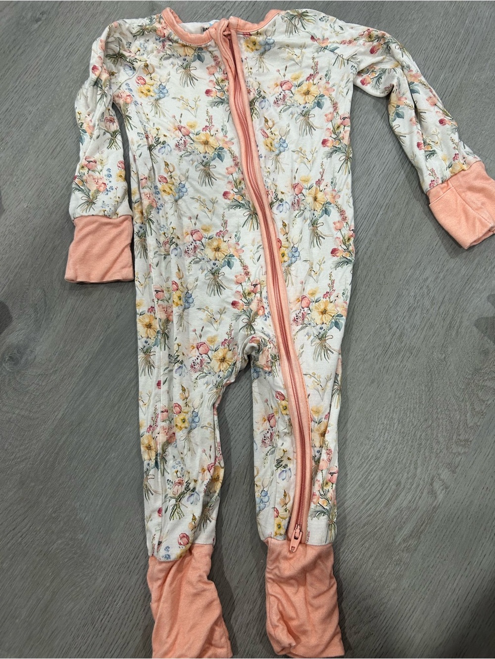 Floral Zip-Front Kids Footie Pajamas in Peach Trim
